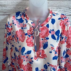 Floral Printed White Blue Pink Blouse Top Shirt w/ Tie Bell Sleeve Size Medium